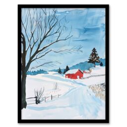 "Artery8 Red Swedish Cottage in Winter Snow Countryside Framed Wall Art in Blue - Size: W12"" x H16""" - thumbnail 1