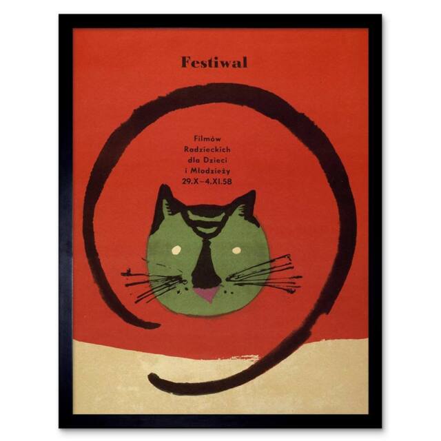 "Artery8 Exhibition Festival Film Movie Cat Poland Warsaw Framed Wall Art Print in Red - Size: W12"" x H16""" - image 1