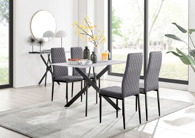 FurnitureboxUK Leonardo White Glass Marble Effect Black Leg Table & 4 Velvet Milan Black Leg Chairs in Grey - image 1