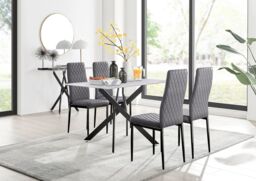 FurnitureboxUK Leonardo White Glass Marble Effect Black Leg Table & 4 Velvet Milan Black Leg Chairs in Grey