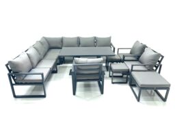 Fimous 13 Seater Outdoor Aluminum Garden Furniture Set Corner Sofa 3 Chair 3 Footstools Adjustable Rising Lifting Dining Table Sets Dark Grey - thumbnail 2