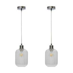 First Choice Lighting Set of 2 Batley - Clear Ribbed Glass with Chrome Pendant Fittings - thumbnail 1