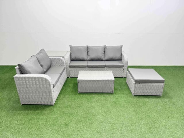 Fimous 6 Seater PE Rattan Wicker Garden Furniture Patio Conservatory Sofa Set w/ Rectangular Coffee Table 3 Seater Sofa Love Sofa Big Footstool Side - image 1