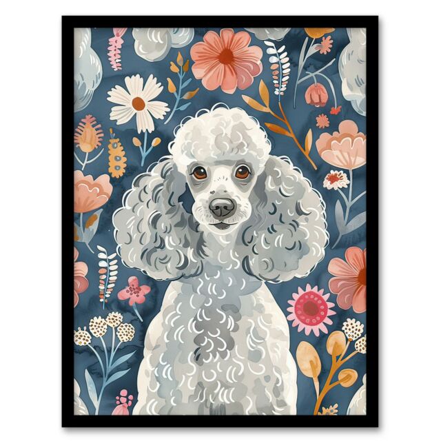 Artery8 Cute Poodle Floral Portrait Blue Pink Dog Lover Framed Wall Art - Size: A4 - image 1