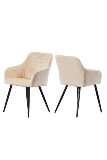 Life Interiors Set of 2 Camden Modern Velvet Dining Chairs with Armrests, Quilted Design & Black Metal Legs in Cream - image 1