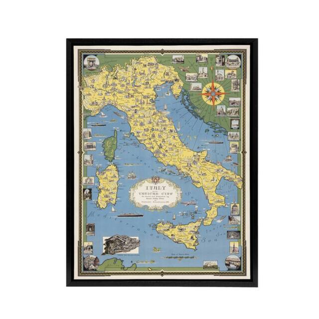"Artery8 Ernest D Chase Italy Map With Vatican City Framed Canvas Wall Art Print in Blue - Size: W12"" x H16""" - image 1