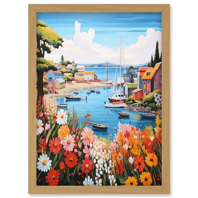 Artery8 Wall Art Print Idyllic Scenic Seaside Fishing Village Bright Oil Painting Orange Pink Blue Bathroom Floral Artwork Harbor Bay Boats Coastal - image 1