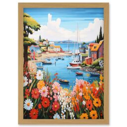 Artery8 Wall Art Print Idyllic Scenic Seaside Fishing Village Bright Oil Painting Orange Pink Blue Bathroom Floral Artwork Harbor Bay Boats Coastal - thumbnail 1