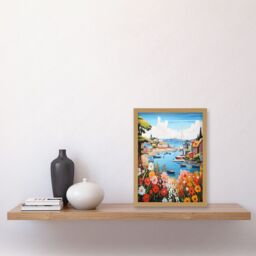 Artery8 Wall Art Print Idyllic Scenic Seaside Fishing Village Bright Oil Painting Orange Pink Blue Bathroom Floral Artwork Harbor Bay Boats Coastal - thumbnail 2