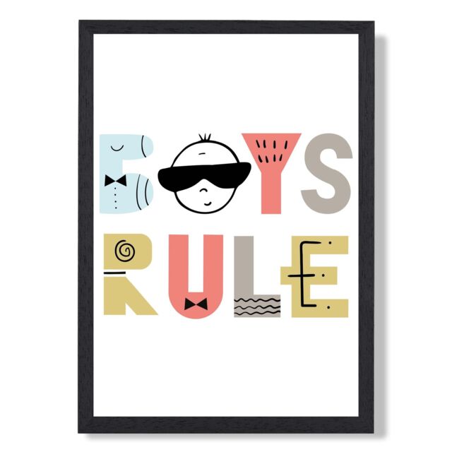 ARTZE Cute Boys Rule Scandi Quote Framed Print SIZE: A2 with Black Frame in Pale Blue - Size: A4 - image 1