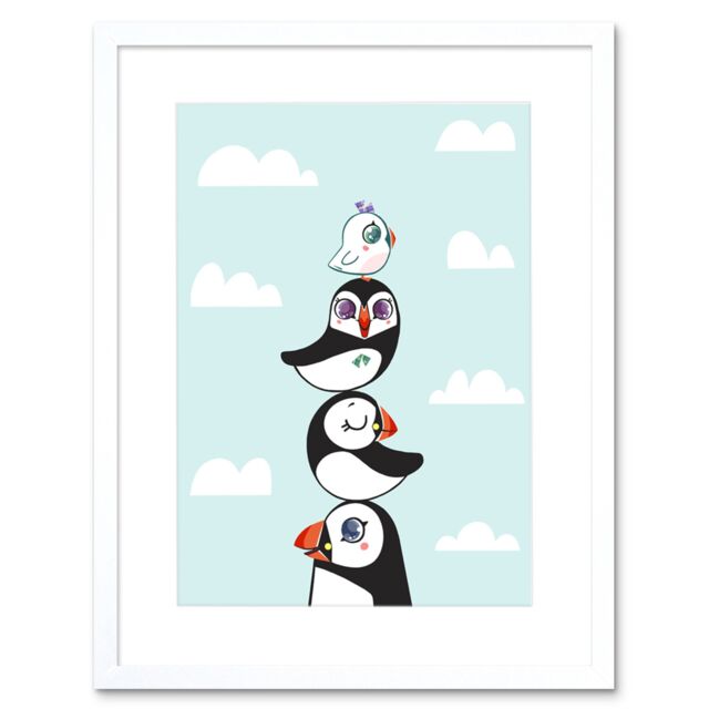 "Artery8 Wall Art Print Puffins Family Stacked Art Framed 9x7 inch in White - Size: W7"" x H9""" - image 1