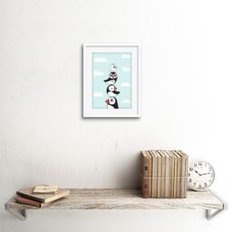 "Artery8 Wall Art Print Puffins Family Stacked Art Framed 9x7 inch in White - Size: W7"" x H9""" - thumbnail 2