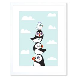"Artery8 Wall Art Print Puffins Family Stacked Art Framed 9x7 inch in White - Size: W7"" x H9""" - thumbnail 1