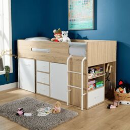 Home Source Kids Single Cabin Loft Bed Integrated Storage Hidden Desk Wooden in White - thumbnail 1