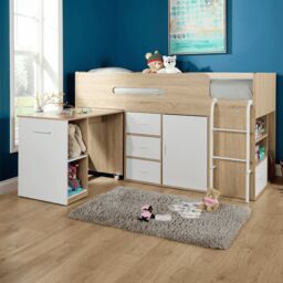 Home Source Kids Single Cabin Loft Bed Integrated Storage Hidden Desk Wooden in White - thumbnail 3