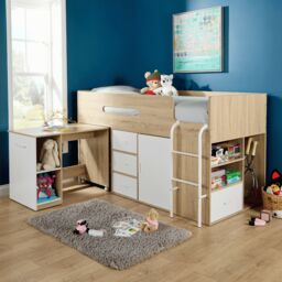 Home Source Kids Single Cabin Loft Bed Integrated Storage Hidden Desk Wooden in White - thumbnail 2