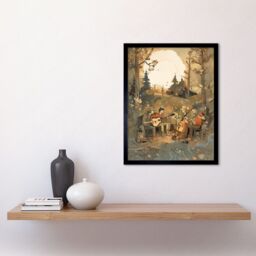 Artery8 Wall Art Print Countryside Folk Band Musicians Playing Music in the Forest at Sunset Modern Watercolour Painting Art Framed - thumbnail 2