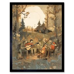 Artery8 Wall Art Print Countryside Folk Band Musicians Playing Music in the Forest at Sunset Modern Watercolour Painting Art Framed - thumbnail 1
