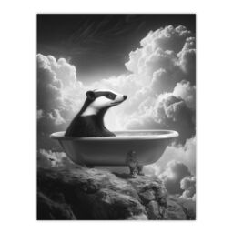 "Artery8 Badger in Bathtub on a Mountain Cliff Black White Wall Art Print in Grey - Size: W24"" x H32""" - thumbnail 1