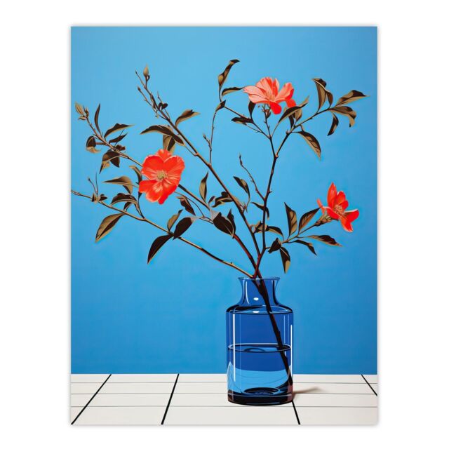 "Wee Blue Coo Wall Art Print Elegant Simplicity Red Flowers Blue Vase Living Room - Size: W24"" x H32""" - image 1