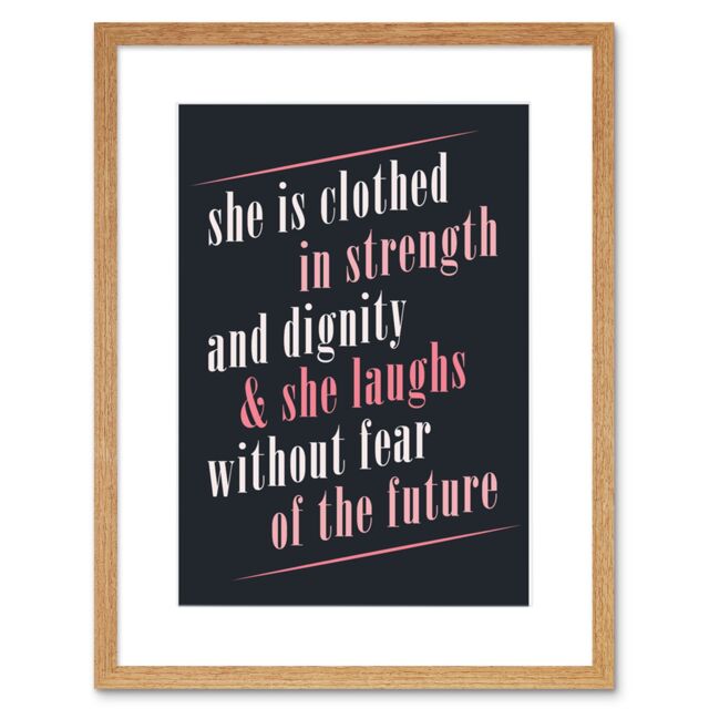 "Artery8 Wall Art Print Quote She Dressed Strength Dignity Laughs Framed in Beige - Size: W7"" x H9""" - image 1
