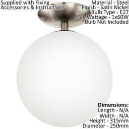 Loops Flush Ceiling Light Satin Nickel Shade White Glass Opal Matt Bulb E27 1x60W in Metallics - thumbnail 2