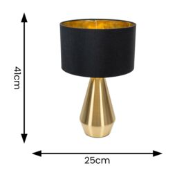 ValueLights Jax Gold Dimmable Touch Table Lamp with Fabric Drum & Gold Inner Lamp Shade in Black - thumbnail 5