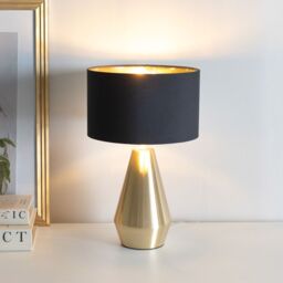 ValueLights Jax Gold Dimmable Touch Table Lamp with Fabric Drum & Gold Inner Lamp Shade in Black - thumbnail 1