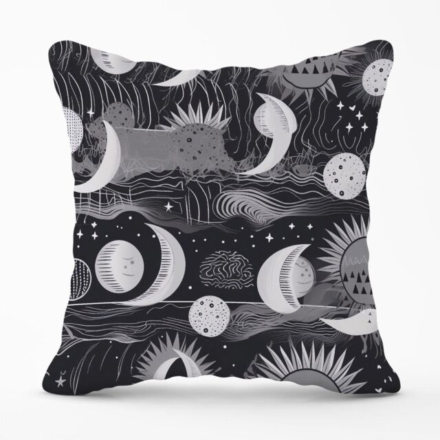 Warren Reed - Designer Abstract Black White Moon & Sun Outdoor Cushion in Grey - Size: 45 cm x 45 cm - image 1