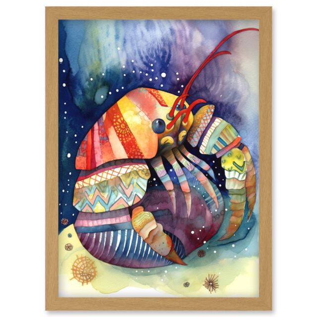 Artery8 Hermit Crab Folk Art Watercolour Painting Artwork Framed Wall Art Print A4 in Light Oak - image 1