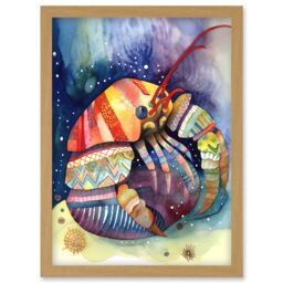 Artery8 Hermit Crab Folk Art Watercolour Painting Artwork Framed Wall Art Print A4 in Light Oak - thumbnail 1