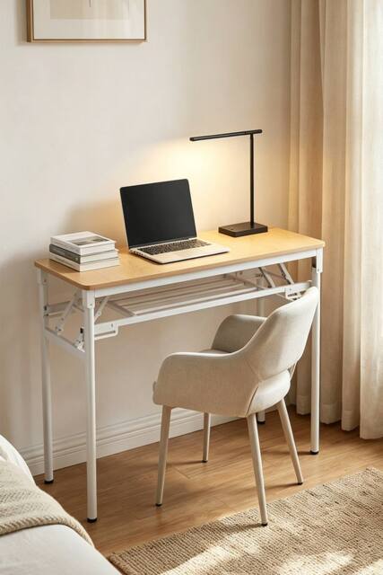Living and Home Foldable 100 x 40cm 2-tier Office Desk with Adjustable Foot Pads in Light Brown - Size: 100 x 40 cm - image 1