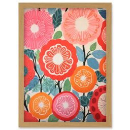 Artery8 Wall Art Print Pomegranate Tree Flowers in Bloom Mediterranean Bright Floral Abstract Artwork Framed A4 in Light Oak - thumbnail 1
