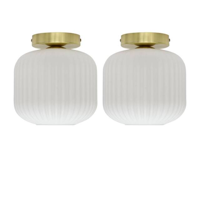 First Choice Lighting Set of 2 Bento - White Ribbed Glass Satin Brass Ceiling Light Fittings - image 1
