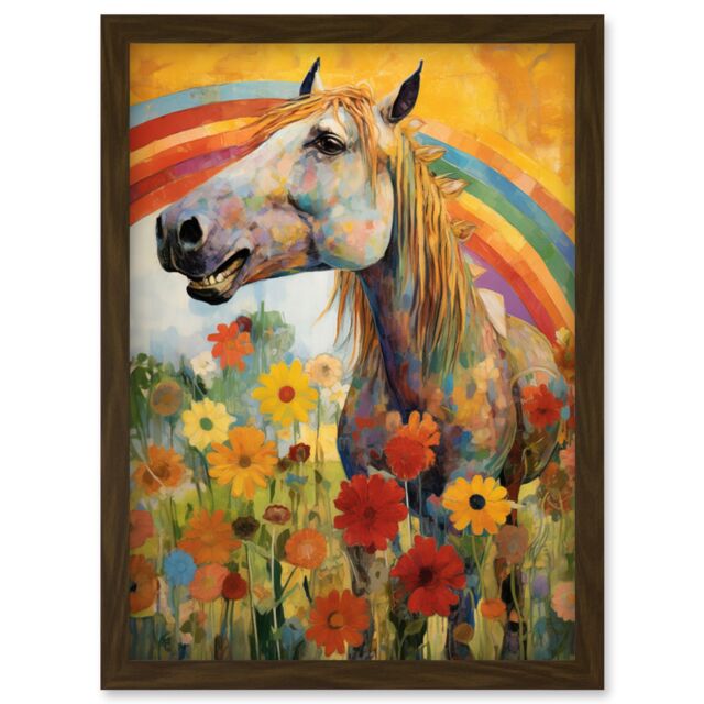 Artery8 Wall Art Print Girls Bedroom Nursery Artwork Rainbow Horse With Flowers Bright Colourful Happy Artwork Framed A4 in Brown - image 1