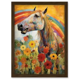 Artery8 Wall Art Print Girls Bedroom Nursery Artwork Rainbow Horse With Flowers Bright Colourful Happy Artwork Framed A4 in Brown - thumbnail 1