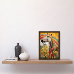 Artery8 Wall Art Print Girls Bedroom Nursery Artwork Rainbow Horse With Flowers Bright Colourful Happy Artwork Framed A4 in Brown - thumbnail 2