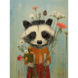 Artery8 Wall Art Print Cute Racoon Picking Wildflowers for a Spring Bouquet Oil Painting Amber Orange Baby Blue Kids Bedroom Artwork Poster - thumbnail 1