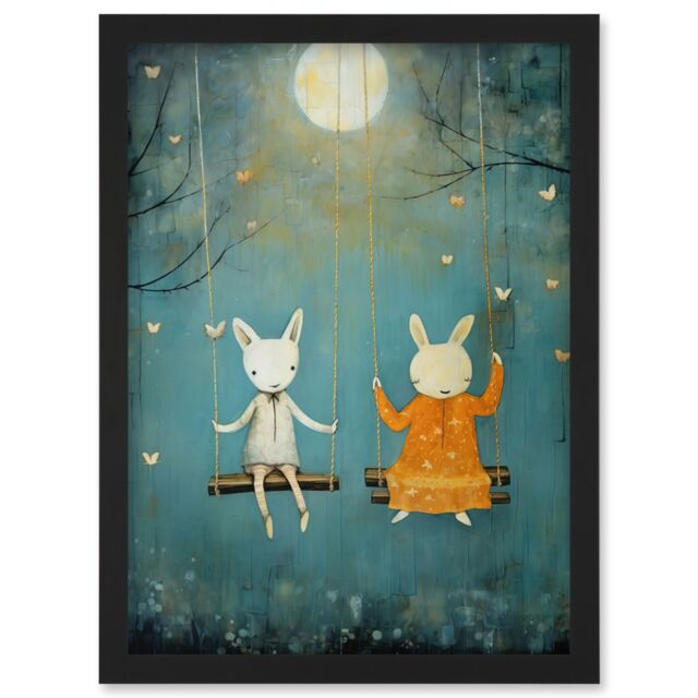 Artery8 Wall Art Print Rabbits on a Swing with Moonlit Butterflies Calming Baby Nursery Artwork Framed A4 in Black - image 1