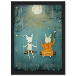 Artery8 Wall Art Print Rabbits on a Swing with Moonlit Butterflies Calming Baby Nursery Artwork Framed A4 in Black - thumbnail 1