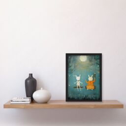Artery8 Wall Art Print Rabbits on a Swing with Moonlit Butterflies Calming Baby Nursery Artwork Framed A4 in Black - thumbnail 2