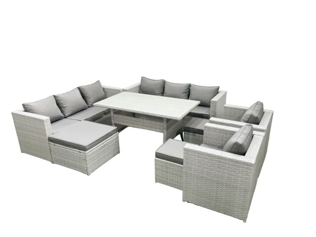 Fimous Rattan Garden Furniture Set Outdoor 8 Seater Patio Dinin g Sofa Sets with Dining Table 2 Chairs 3 Footstools Light Grey Mixed - image 1