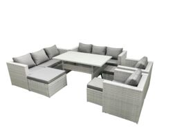 Fimous Rattan Garden Furniture Set Outdoor 8 Seater Patio Dinin g Sofa Sets with Dining Table 2 Chairs 3 Footstools Light Grey Mixed - thumbnail 1