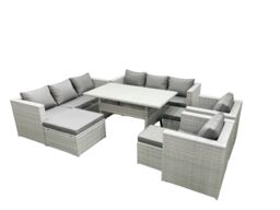 Fimous Rattan Garden Furniture Set Outdoor 8 Seater Patio Dinin g Sofa Sets with Dining Table 2 Chairs 3 Footstools Light Grey Mixed - thumbnail 2