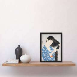 "Artery8 Woman Combing Her Hair Vintage Japan Framed Wall Art Print Hashiguchi in Blue - Size: W12"" x H16""" - thumbnail 4