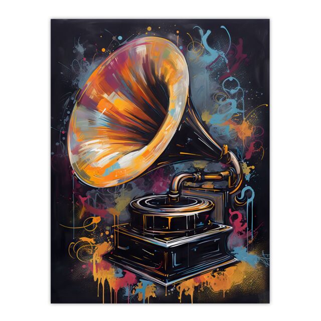 "Artery8 Wall Art Print Modern Gramophone Vibrant Painting In Gold Blue Pink Vintage Music Player Poster in Black - Size: W18"" x H24""" - image 1