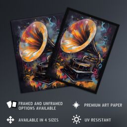"Artery8 Wall Art Print Modern Gramophone Vibrant Painting In Gold Blue Pink Vintage Music Player Poster in Black - Size: W18"" x H24""" - thumbnail 2
