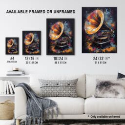 "Artery8 Wall Art Print Modern Gramophone Vibrant Painting In Gold Blue Pink Vintage Music Player Poster in Black - Size: W18"" x H24""" - thumbnail 3