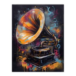 "Artery8 Wall Art Print Modern Gramophone Vibrant Painting In Gold Blue Pink Vintage Music Player Poster in Black - Size: W18"" x H24""" - thumbnail 1