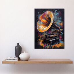 "Artery8 Wall Art Print Modern Gramophone Vibrant Painting In Gold Blue Pink Vintage Music Player Poster in Black - Size: W18"" x H24""" - thumbnail 4